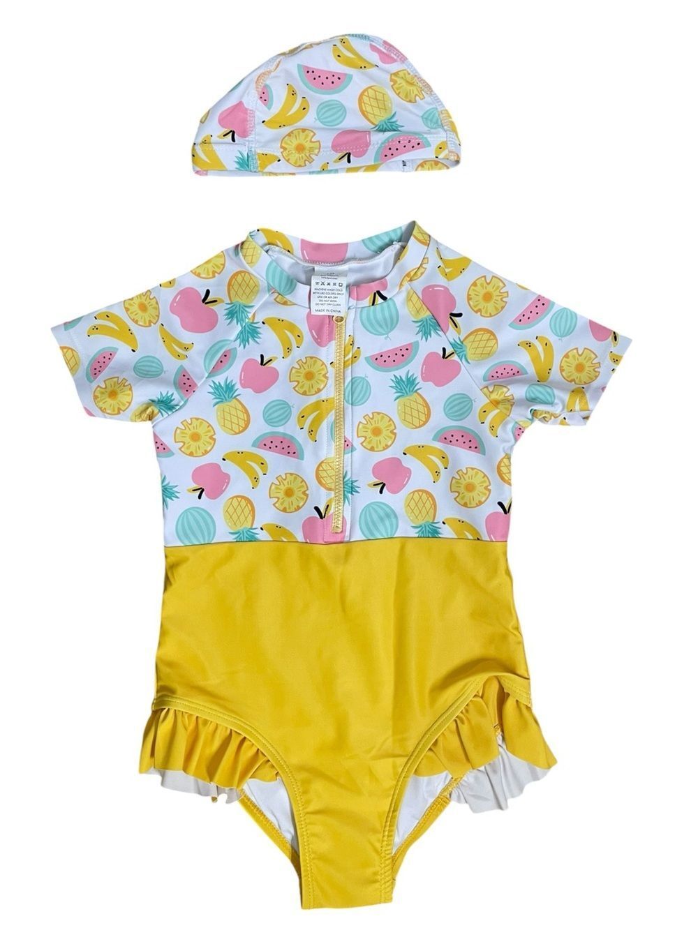 Girls Fruit Print One Piece Swimsuit Rash Guard w/ Swim Cap Size 4-5T